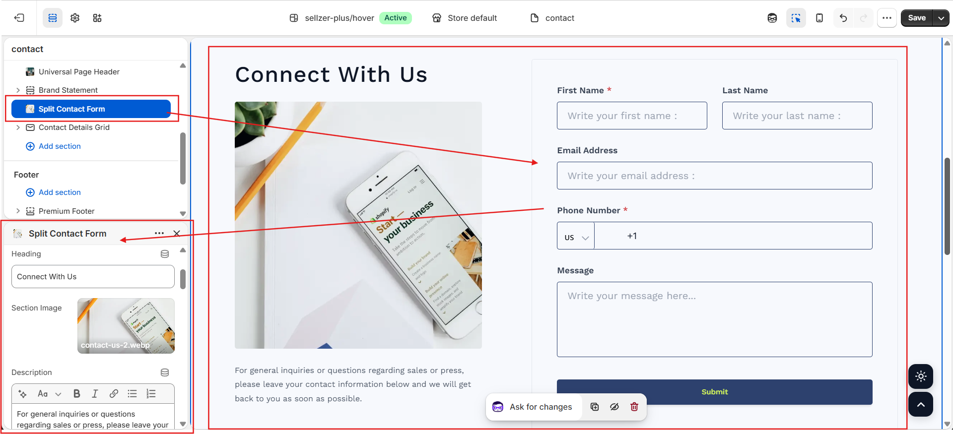 Shopify Theme Editor: Contact Systems Layout Preview